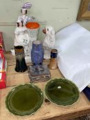 Two Linthorpe 1898 dishes, Royal Doulton silver collared vase, sardine box, Staffordshire figures,