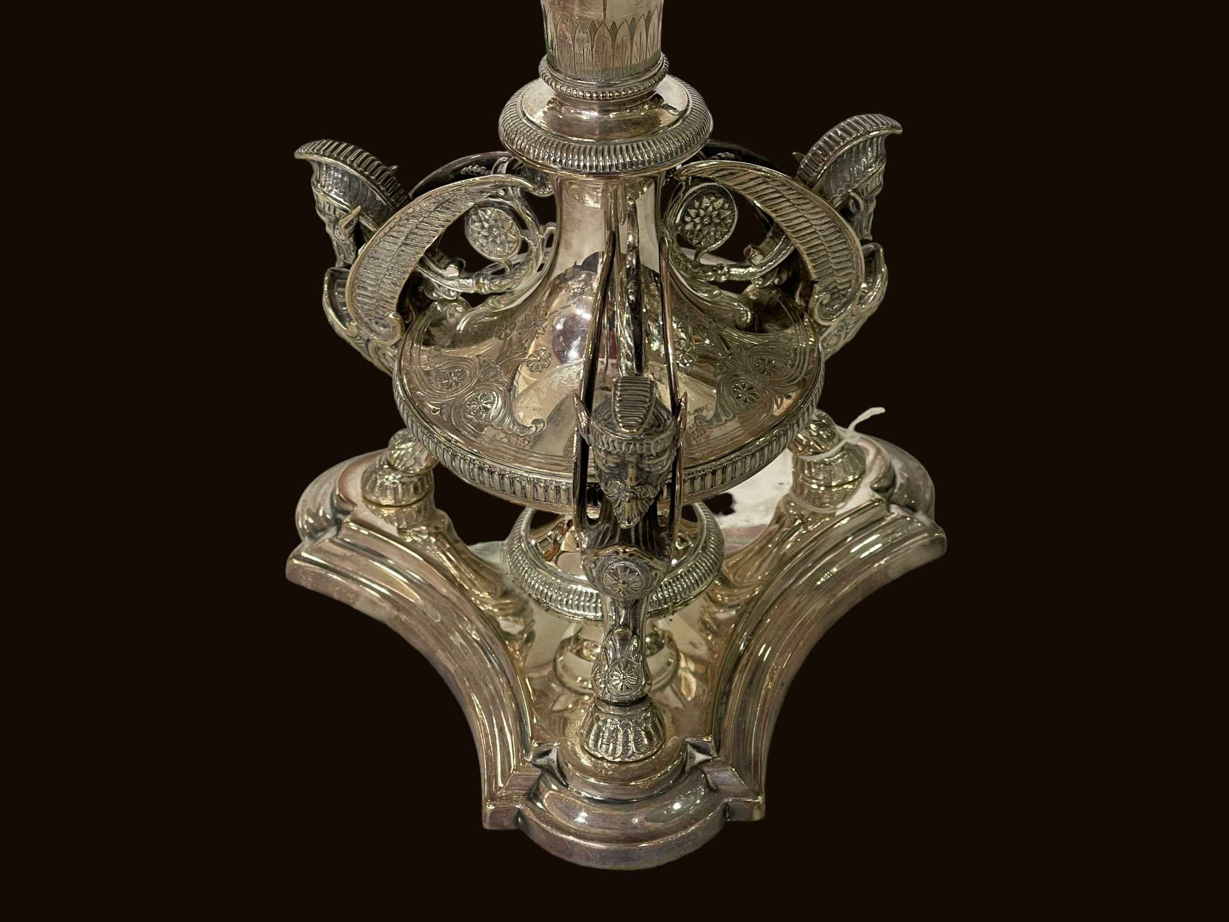 Victorian electroplate centre piece with winged mask supports and engraved glass bowl, 24cm high. - Image 2 of 2