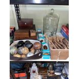 Collection of deer antlers, carpet bowl, two glass domes, wooden boxes and egg, etc.