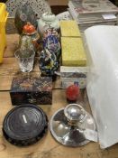 Silver Capstan inkwell, Cloisonné Oriental eggs, lidded jars, etc.