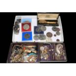 Box of assorted jewellery, Citizen watch, coins, etc.