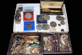 Box of assorted jewellery, Citizen watch, coins, etc.