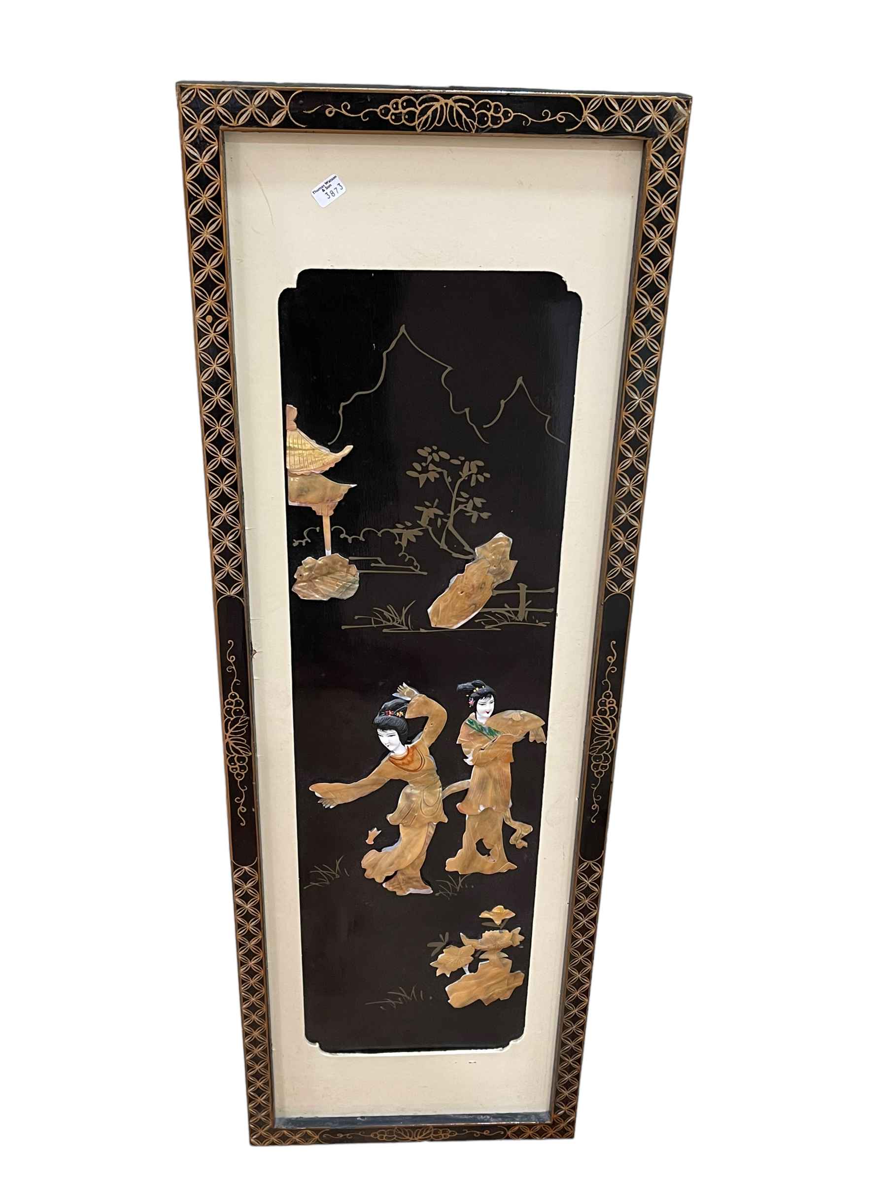 Two Oriental black lacquered panels with applied figure decoration, largest 92cm by 40.5cm. - Image 2 of 2