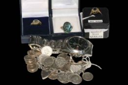 Two 9 carat gold gem set rings, silver ring and coin bracelet, and Seiko watch.