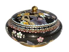 Large Chinese Cloisonné lidded bowl decorated with birds and flowers, 20cm diameter.