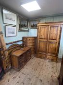 Pine five piece bedroom suite comprising two door combination wardrobe, six drawer corner chest,
