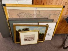 Collection of eight various pictures including map prints, rural oil, etc.
