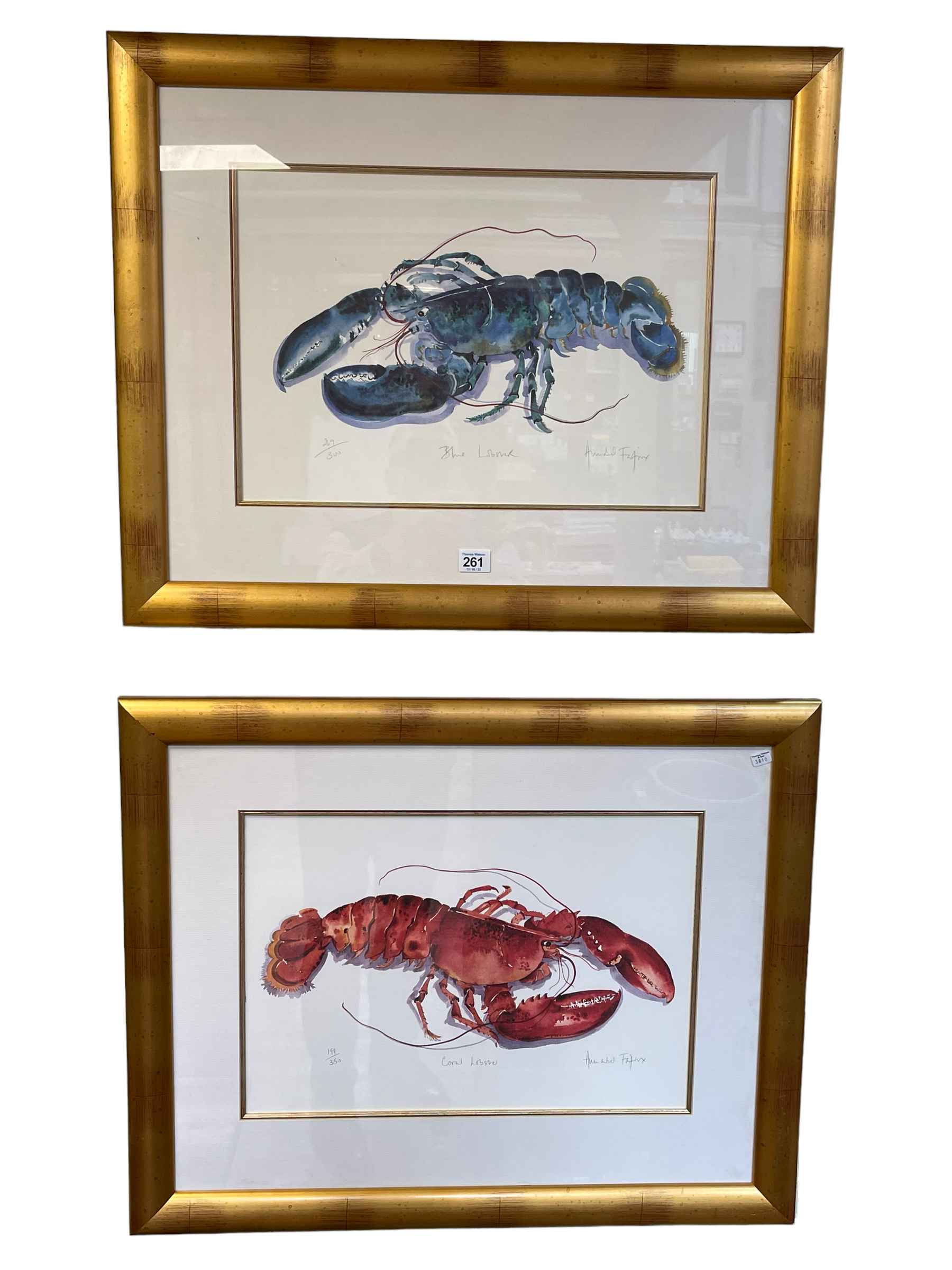 Annabel Fairfax, Blue Lobster & Coral Lobster, pair limited edition prints, both signed,