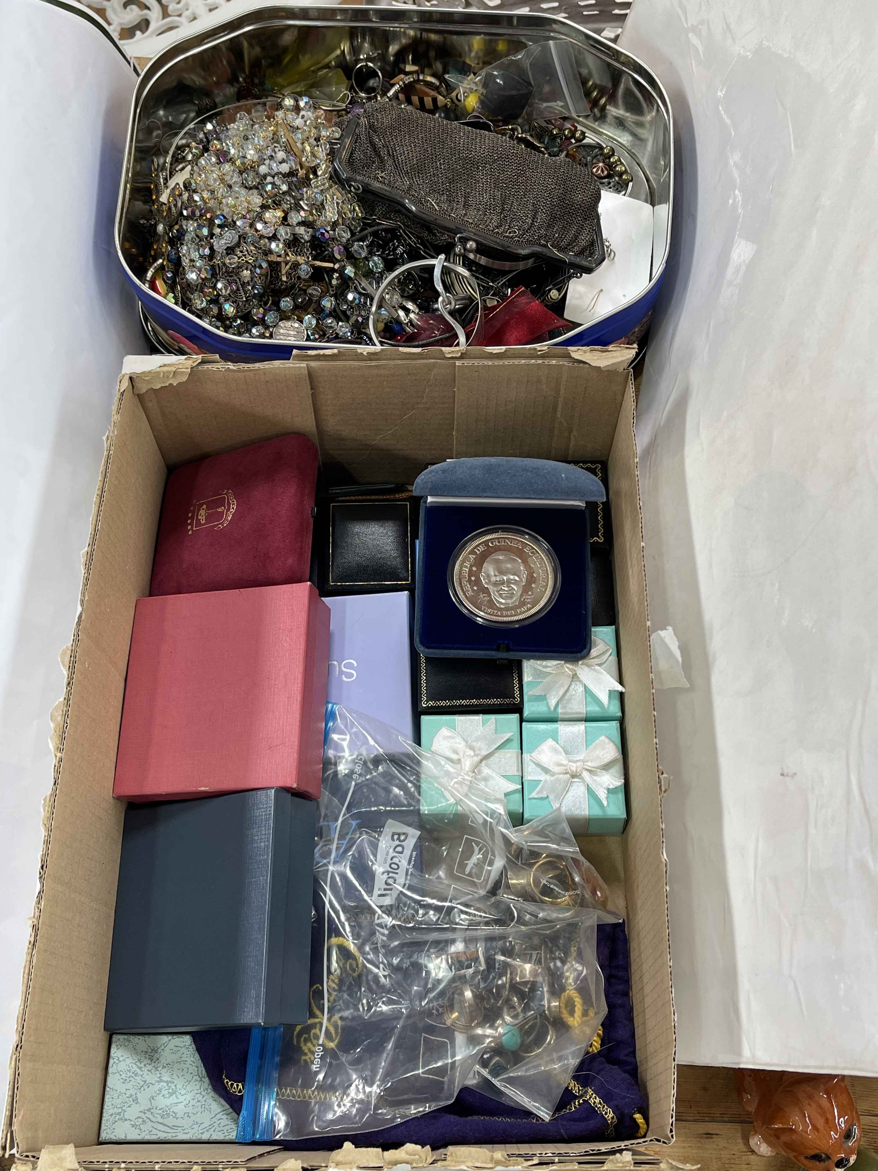 Collection of costume jewellery, silver proof 999 Guinea Equatorial coins, etc.