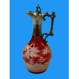 Bohemian ruby overlay glass claret jug with silver plated mount, 28cm high.