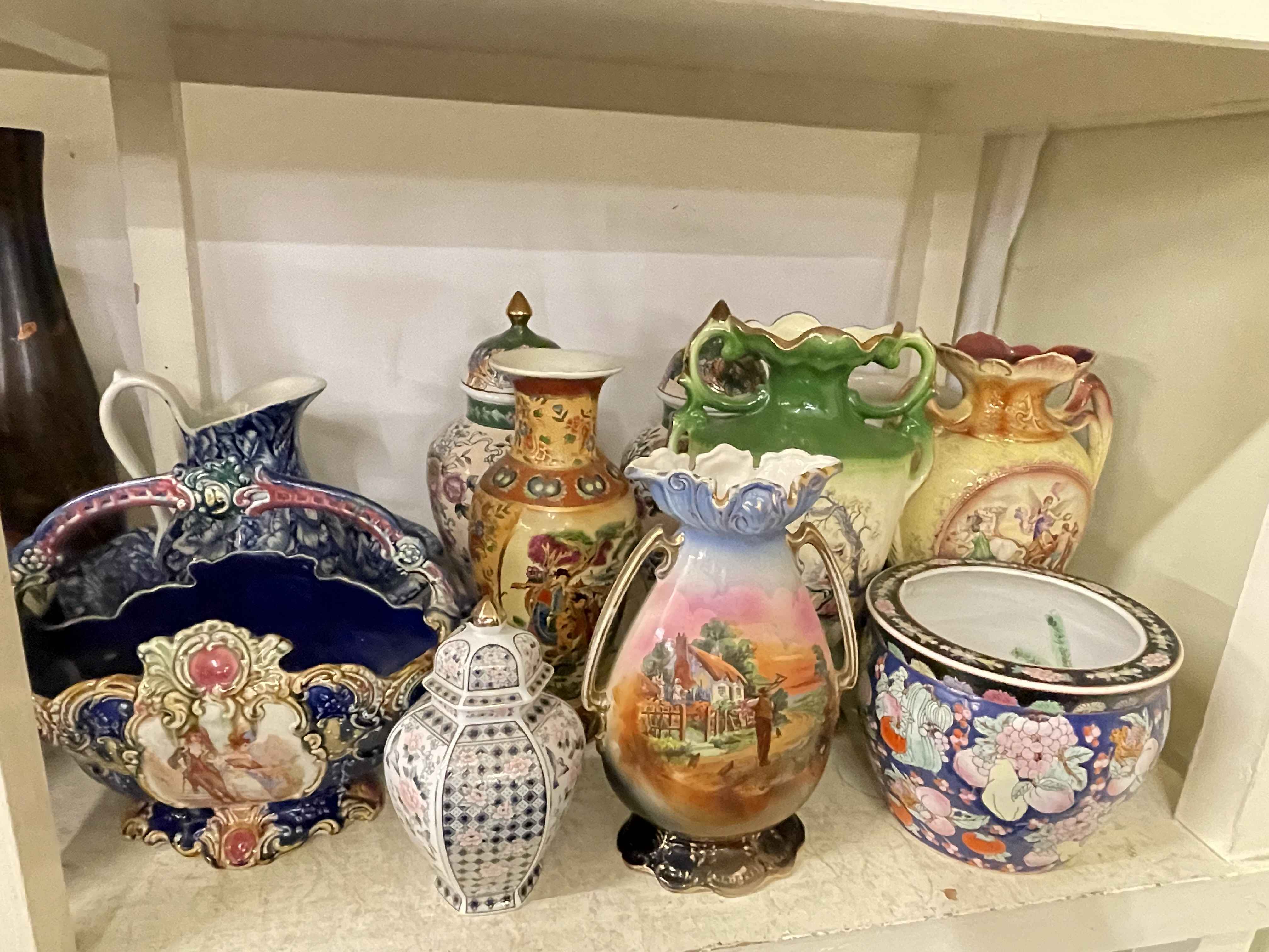 Full shelf of vases, planters, table lamps, toilet jugs and bowls, ginger jars, steins, etc. - Image 4 of 4