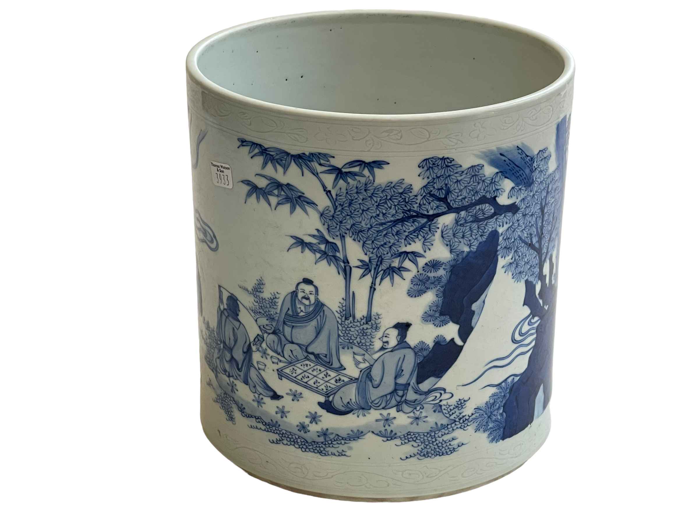 Large Chinese blue and white brush pot with continuous figure in landscape decoration and incised