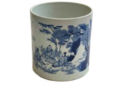 Large Chinese blue and white brush pot with continuous figure in landscape decoration and incised