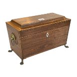 Victorian inlaid rosewood tea caddy on brass claw feet, 20cm high.