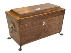 Victorian inlaid rosewood tea caddy on brass claw feet, 20cm high.