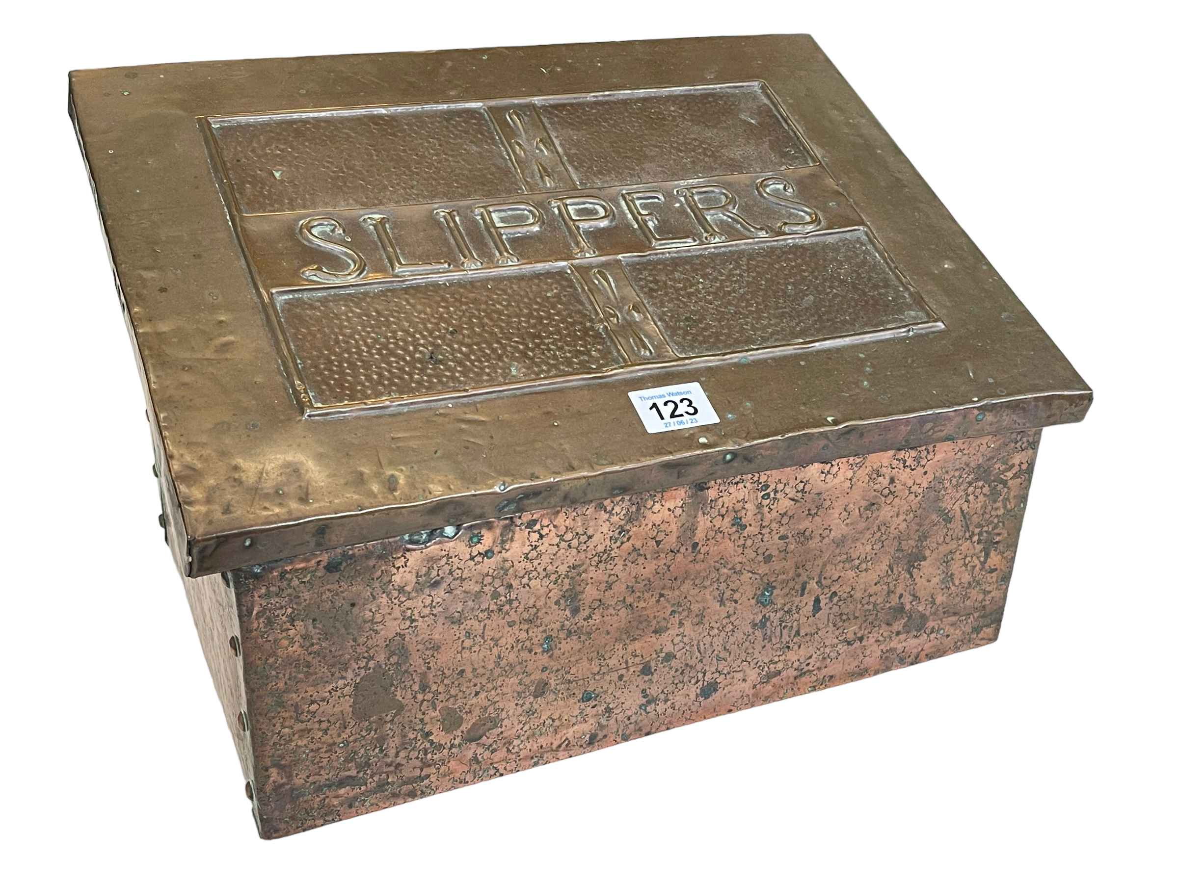 Victorian copper slipper box, 23cm high.