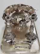 Large embossed silver plated punch bowl, cups and ladle, pair of telescopic embossed candlesticks,