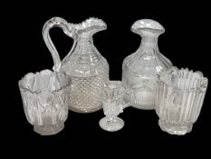 Two 19th Century cut glass jug/decanters, two 19th Century tea caddy mixing bowls, and jelly glass.