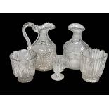 Two 19th Century cut glass jug/decanters, two 19th Century tea caddy mixing bowls, and jelly glass.