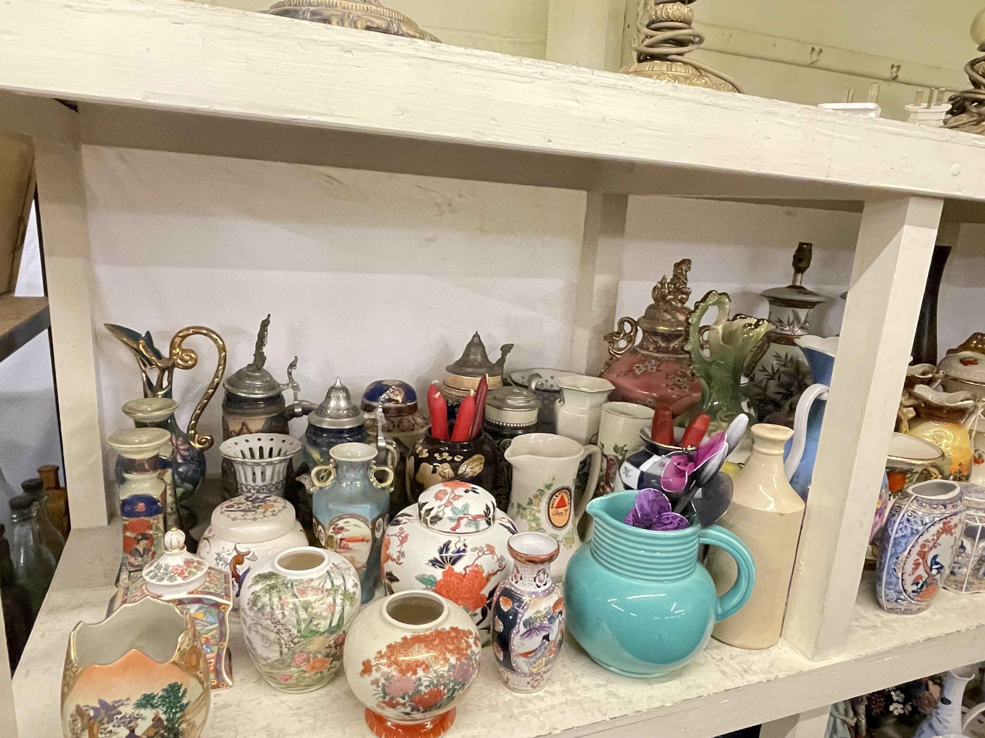 Full shelf of vases, planters, table lamps, toilet jugs and bowls, ginger jars, steins, etc. - Image 2 of 4