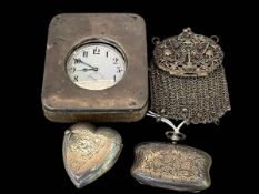 Silver sovereign case and heart shaped vesta, pocket watch with stand and mesh coin purse (4).