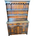 Period style oak shelf back dresser, 166cm by 107cm by 33cm.