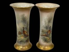 Pair Royal Worcester pheasant painted vases, one signed Stinton, G923, 19cm.