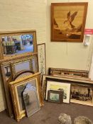 Collection of framed wall mirrors, marquetry panel and various pictures.