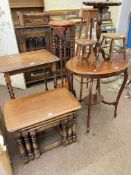 Two plant stands, two occasional tables, oak nest of three tables, wine table and two stools (8).