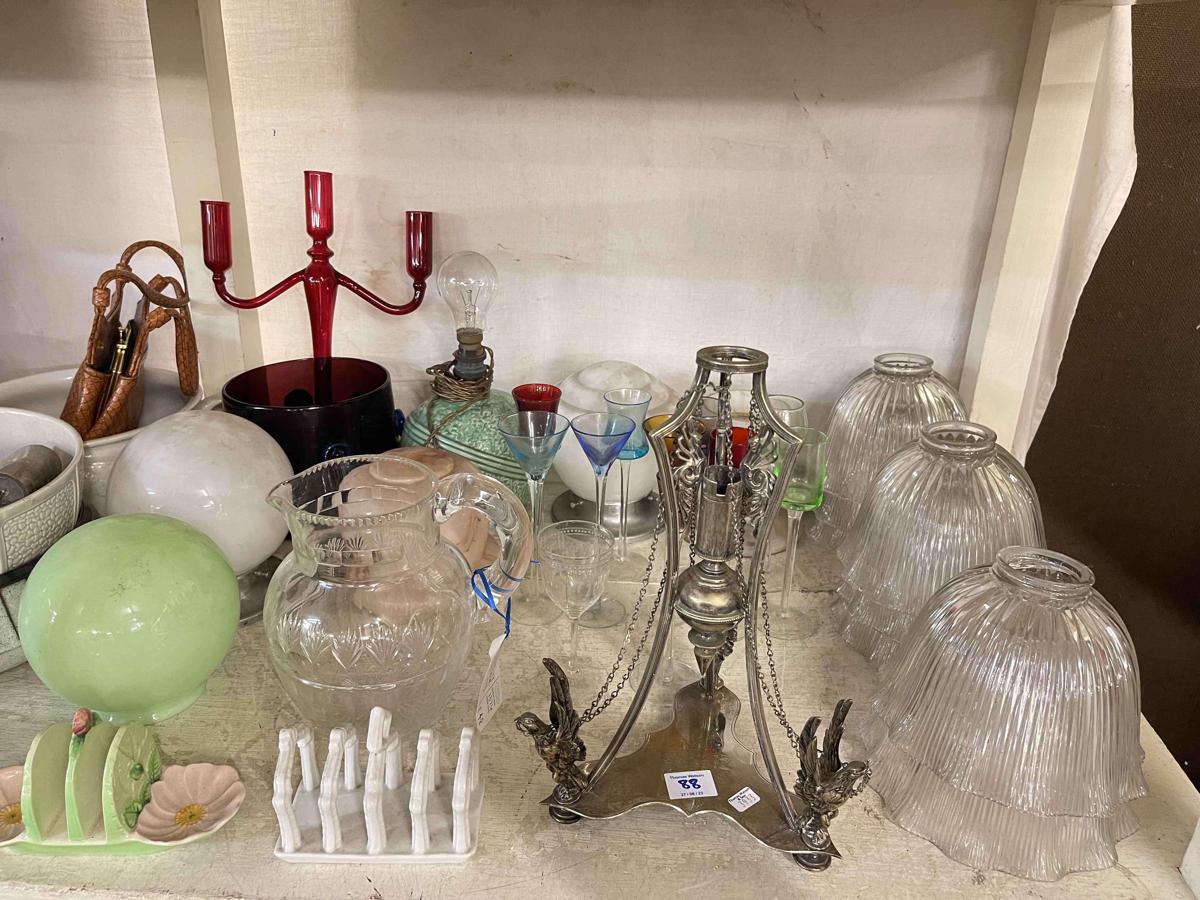 Full shelf of glass and china including set of eight glass shades, three graduated Losol jugs, - Image 2 of 5