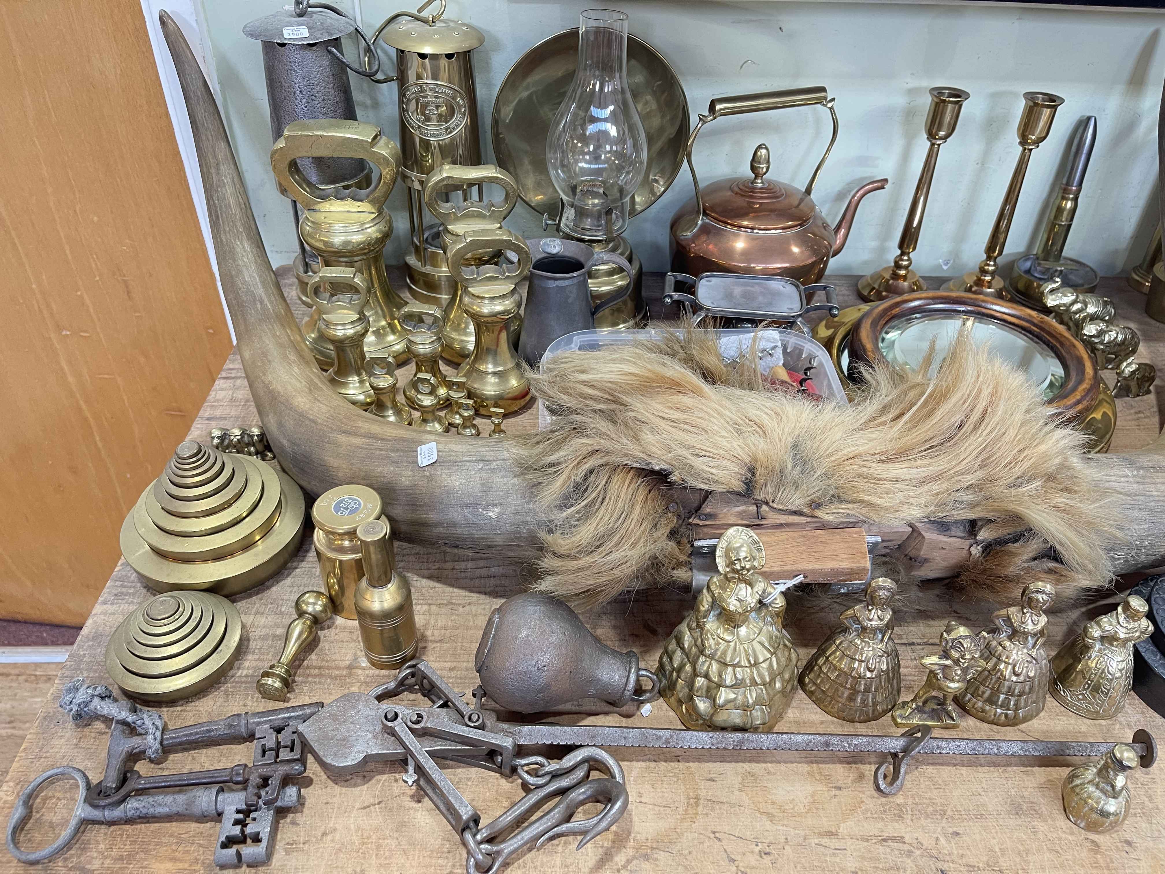 Collection of metalwares including miners lamps, bell weights, ship's mirror, trench art, - Image 2 of 3