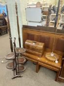 Rectangular nest of three teak tables, mahogany five tier folding cakestand,