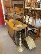 Oak barley twist gate leg dining table, drop leaf trolley, brass coal box and brass stand (4).