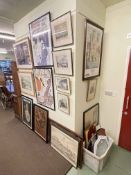 Collection of pictures and mirrors including poster prints, etchings, Keith Burtinshaw watercolours,