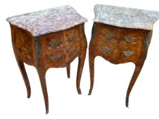 Pair Continental inlaid and marble topped two drawer bedside pedestals, 73.5cm by 47cm by 30cm.