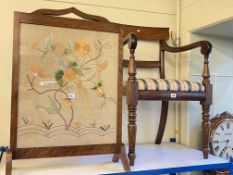 Victorian mahogany scroll arm carver chair and needlework panel firescreen (2).