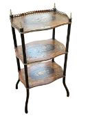 Victorian floral inlaid, ebonised and brass three tier etagé, 82cm by 40cm by 30cm.