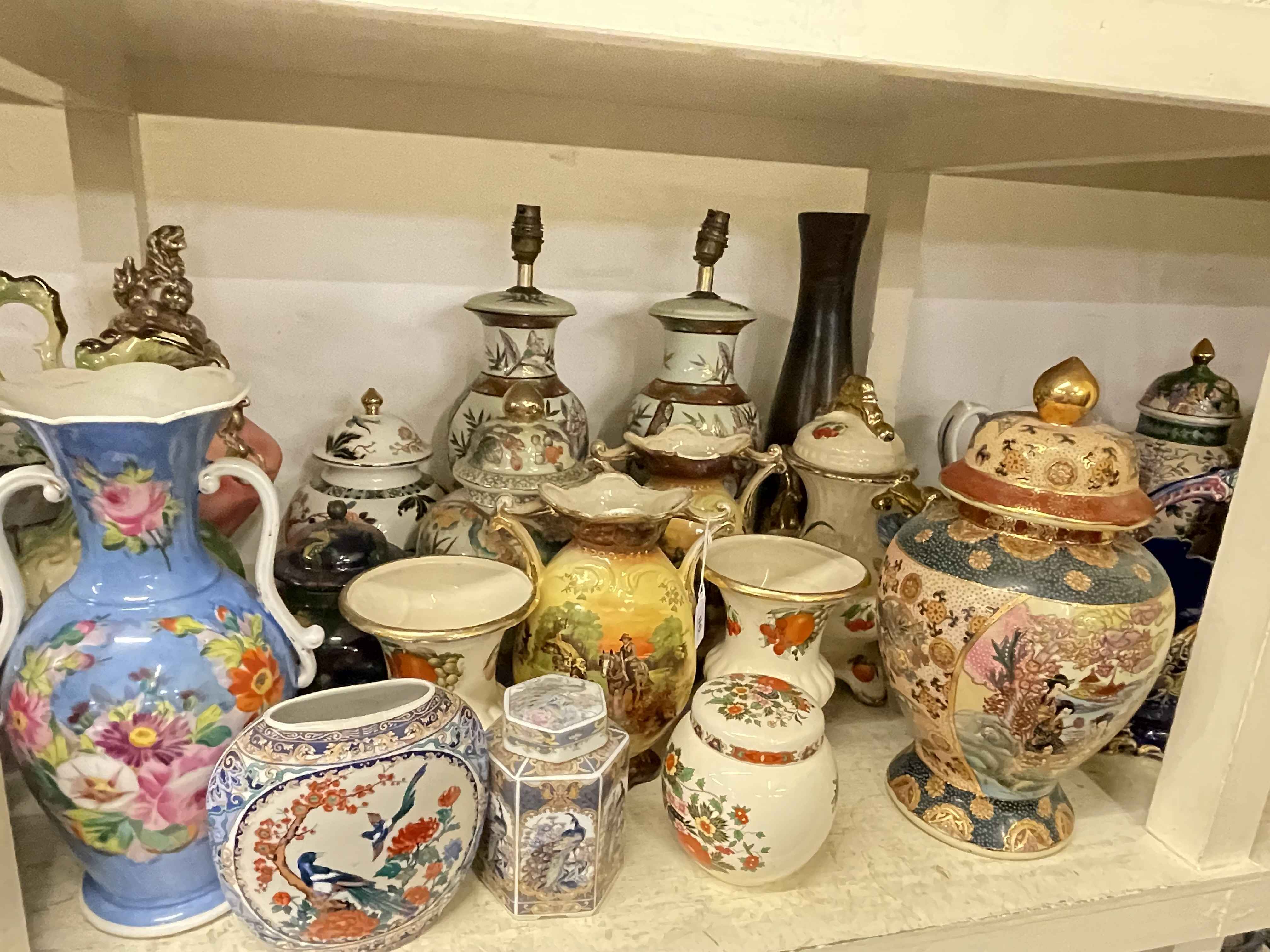 Full shelf of vases, planters, table lamps, toilet jugs and bowls, ginger jars, steins, etc. - Image 3 of 4