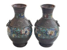 Pair bronze vases with enamel decoration, 25cm.