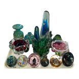 Collection of coloured glass including Mdina paperweights.