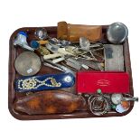 Small tray of metalwares, fountains pens including one with 14 carat gold nib,
