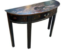 Oriental style black and lacquered and chinoiserie decorated demi lune single drawer console table,