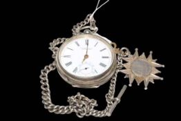 Late Victorian silver gents pocket watch, Birmingham 1896, with medal and key.