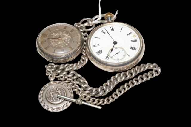 Late Victorian silver gents pocket watch, Dodds, London, with albert and medal,