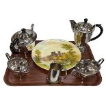 EPNS four piece tea set, small silver plated tankard and Durham Cathedral plate.