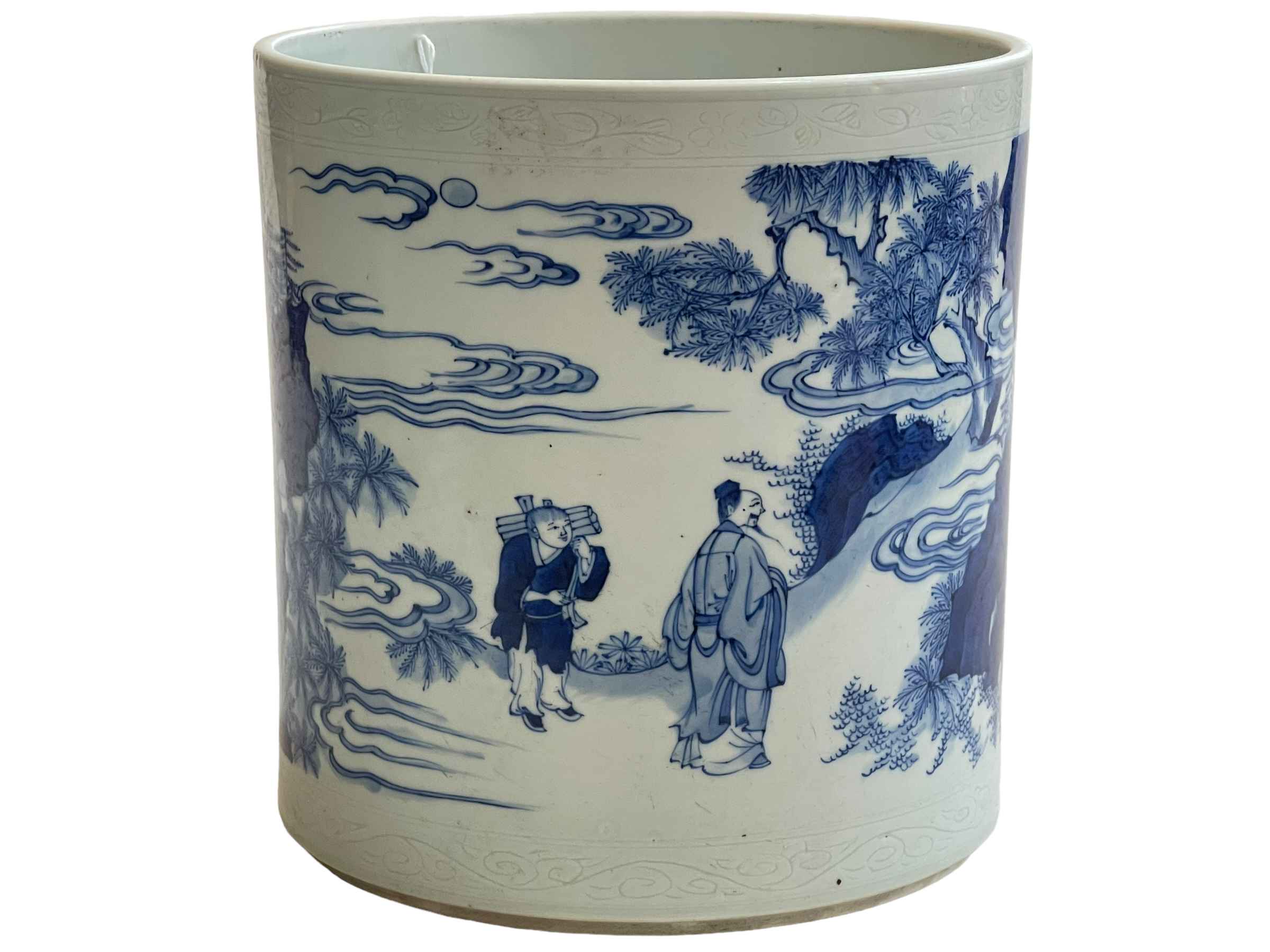 Large Chinese blue and white brush pot with continuous figure in landscape decoration and incised - Image 2 of 4
