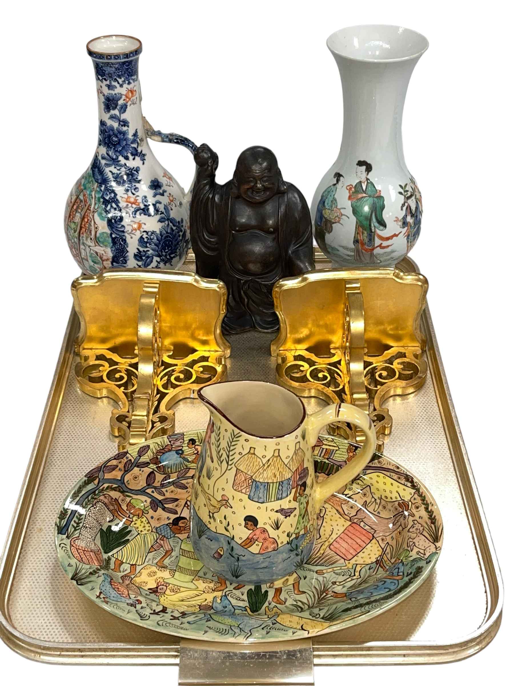 Chinese pottery jug and vase, Buddha figure, pair of gilt wall brackets,