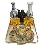 Chinese pottery jug and vase, Buddha figure, pair of gilt wall brackets,