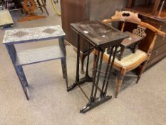 Edwardian corner chair, bone inlaid two tier table, pair spider leg tables and oak stool (4).