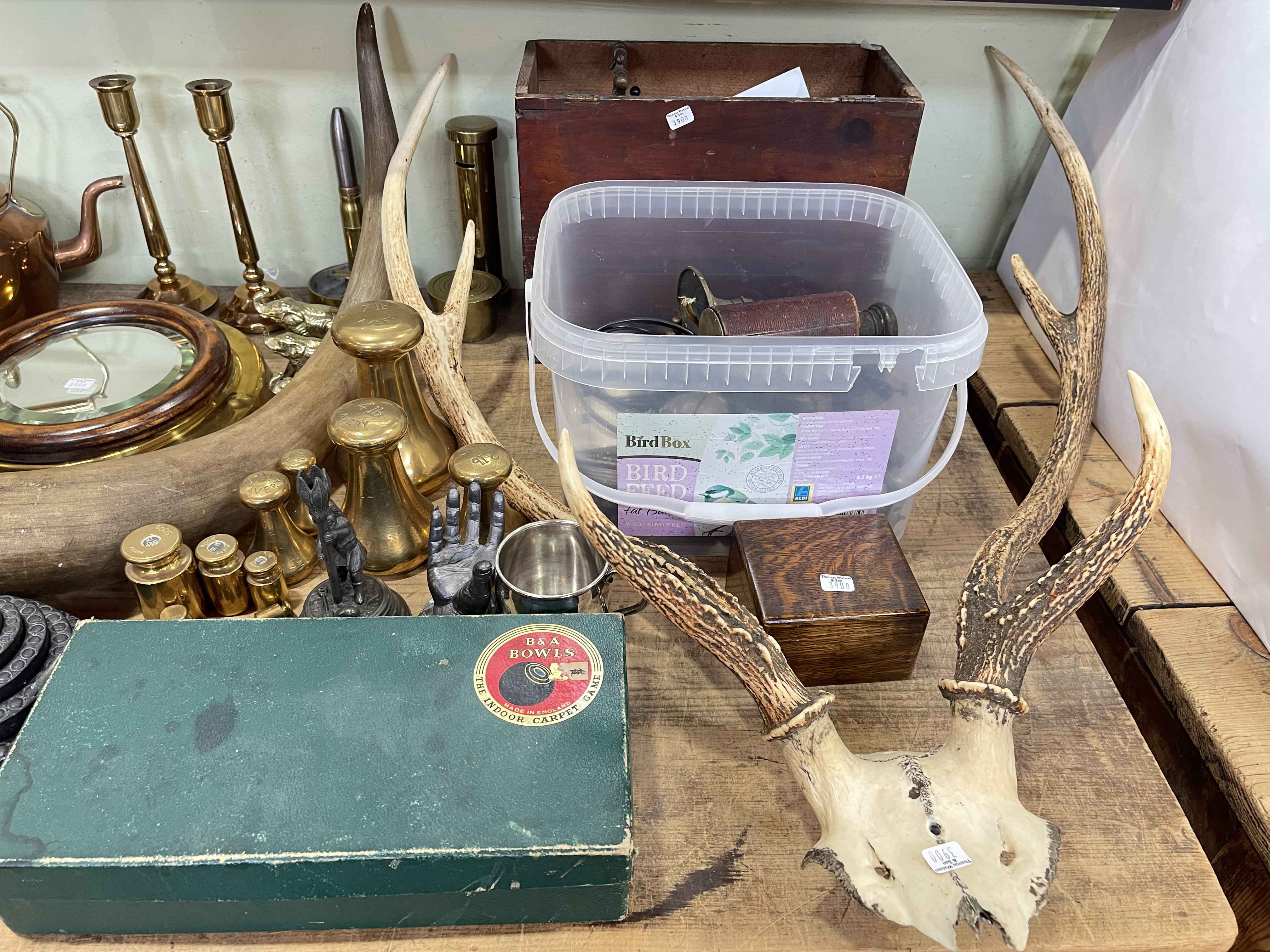 Collection of metalwares including miners lamps, bell weights, ship's mirror, trench art, - Image 3 of 3